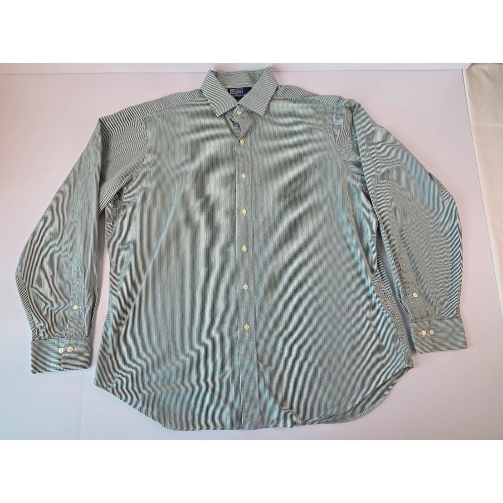 Vintage Polo Dress Shirt Mens Extra Large Green Stripped Classic Fit Hong Kong